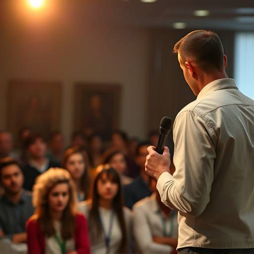 Image du cours sur la prise de parole en public, montrant une personne donnant un discours devant un public attentif.