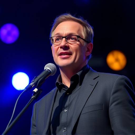 Portrait de Pierre Leclerc, conférencier, sur scène avec un micro.